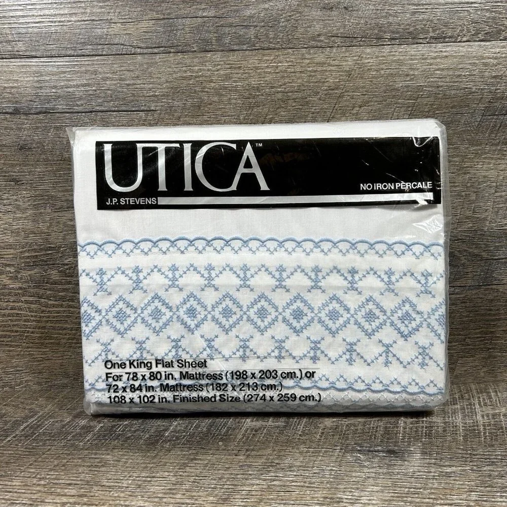 Vintage JP Stevens Utica Percale King Flat Sheet LITCHFIELD SAMPLER Cross Stitch
